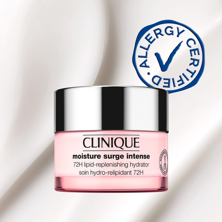 Clinique Moisture Surge Intense 30 ml fuktighetsgivende ansiktskrem i rosa glasskrukke med Allergy Certified-merke.