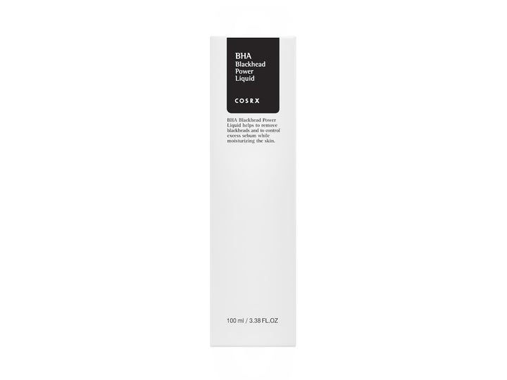COSRX BHA Blackhead Power Liquid 100 ml eksfolierende toner mot hudormer i hvit eske med svart etikett.