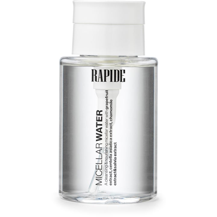 Rapide Micellar Water 100ml nærende ansiktsrens i en gjennomsiktig flaske med hvitt lokk og svart tekst.