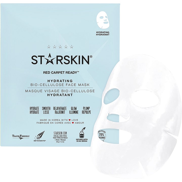 Starskin Red Carpet Ready 40g fuktighetsgivende ansiktsmaske gir glød i lyseblå innpakning med hvit arkmaske