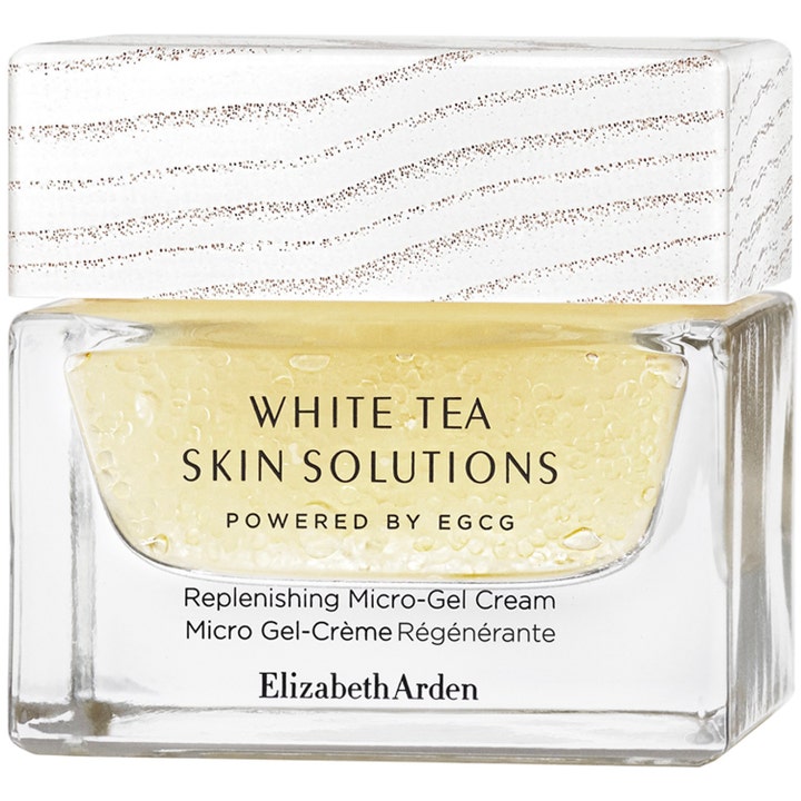 Elizabeth Arden White Tea Skin Solutions 50ml fuktighetskrem i glasskrukke med hvitt mønstret lokk og lys gul gel