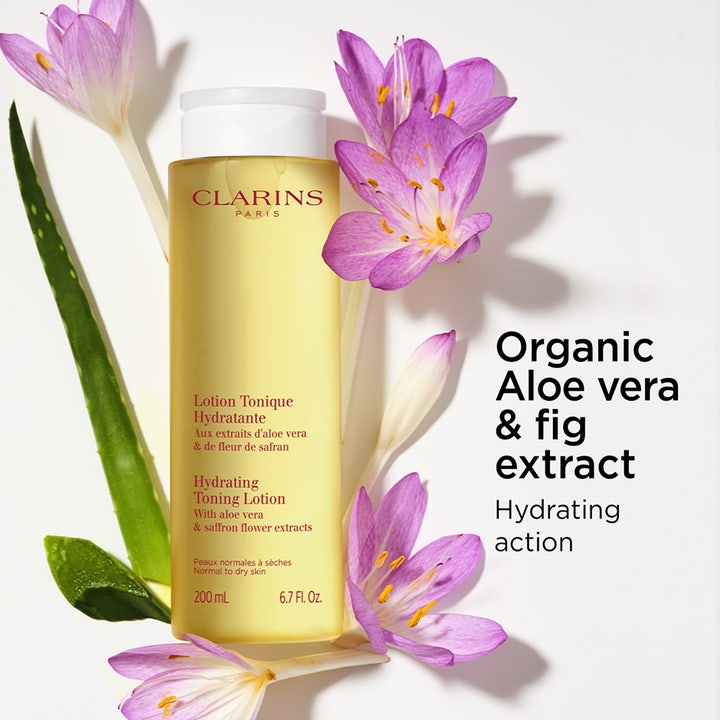 Clarins Hydrating Toning Lotion 400 ml fuktighetsgivende toner med aloe vera og lilla safranblomster.