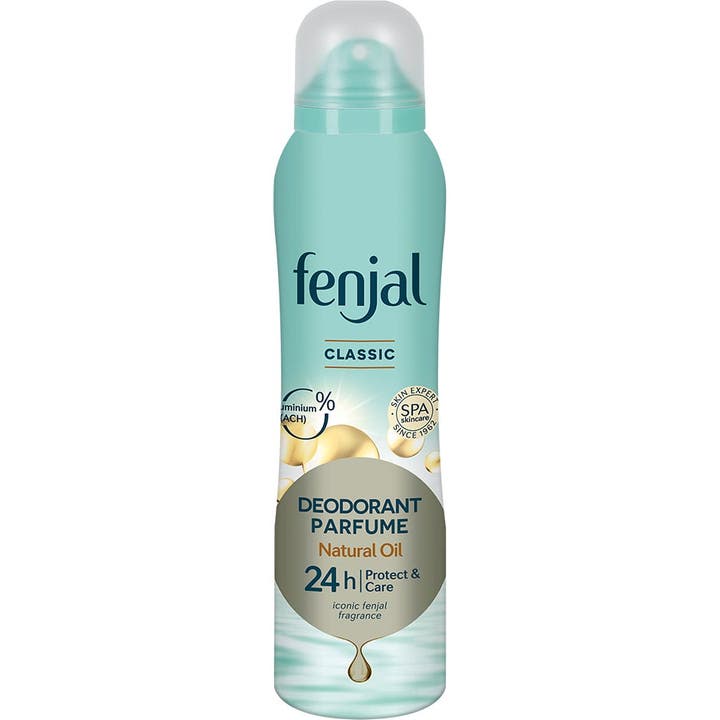 Fenjal Classic Deodorant Parfume Natural Oil pleiende deodorantspray i turkis boks med gylne oljedråper.