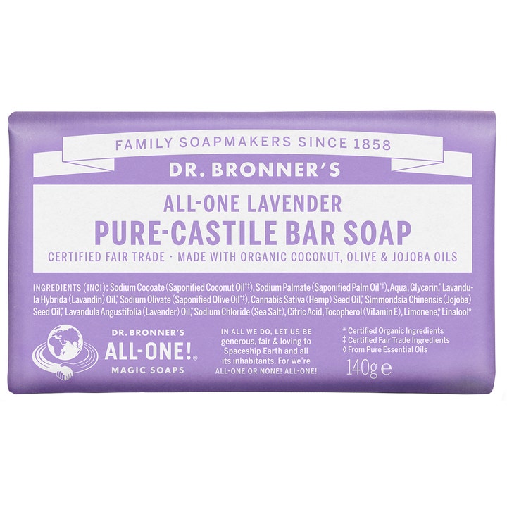 Dr. Bronner's All-One Lavender Pure-Castile Bar Soap 140g beroligende økologisk såpestykke i lilla papiremballasje.