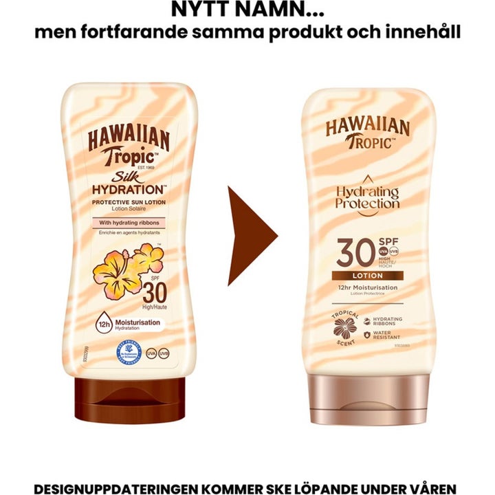 Hawaiian Tropic Hydrating Protection SPF 30 solkrem 360 ml viser nytt design og fuktighetsgivende striper.