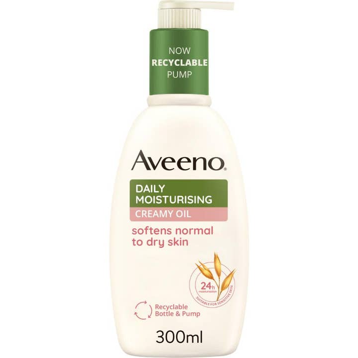 Aveeno Daily Moisturising Creamy Oil 300 ml mykgjørende kroppsolje i hvit plastflaske med grønn pumpe og havredekor