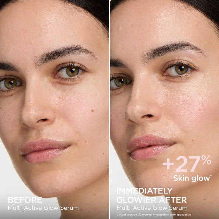 Clarins Multi-Active Glow Serum 30 ml glødgivende serum med før og etter bilde som viser +27% mer hudglød.