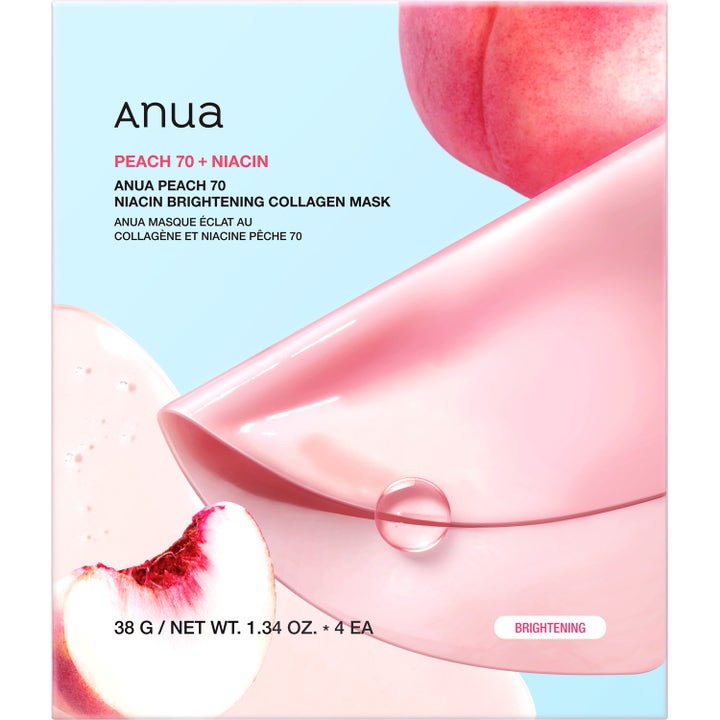 Anua Peach 70 Niacin Brightening Collagen Mask 4 stk glødgivende ansiktsmaske i eske med fersken og rosa gelé