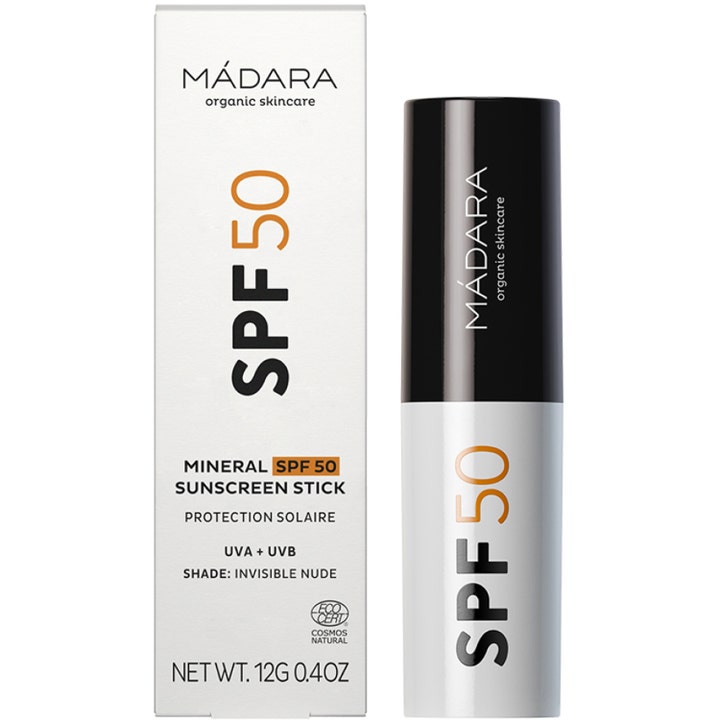 MÁDARA Mineral SPF50 Sunscreen Stick 12 g beskyttende solkrem i stiftformat i hvit og svart forpakning
