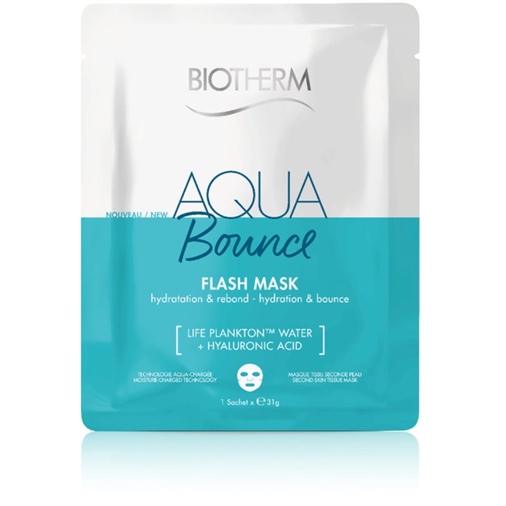 Biotherm Aqua Bounce Flash Mask 31g fuktighetsgivende arkmaske som gir spenst i hvit og turkis engangspose