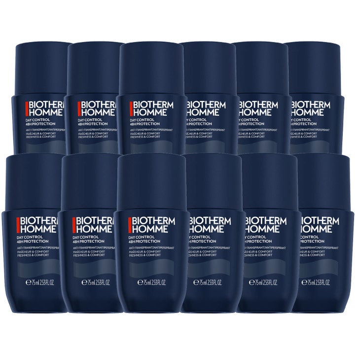 Biotherm Homme Day Control 48H Protection 12 x 75 ml antiperspirant gir friskhet med to rader mørkeblå roll on flasker