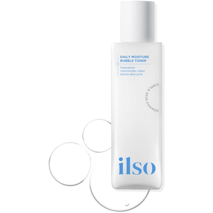 ilso Daily Moisture Bubble Toner fuktighetsgivende toner i hvit flaske med blå detaljer og klare bobler