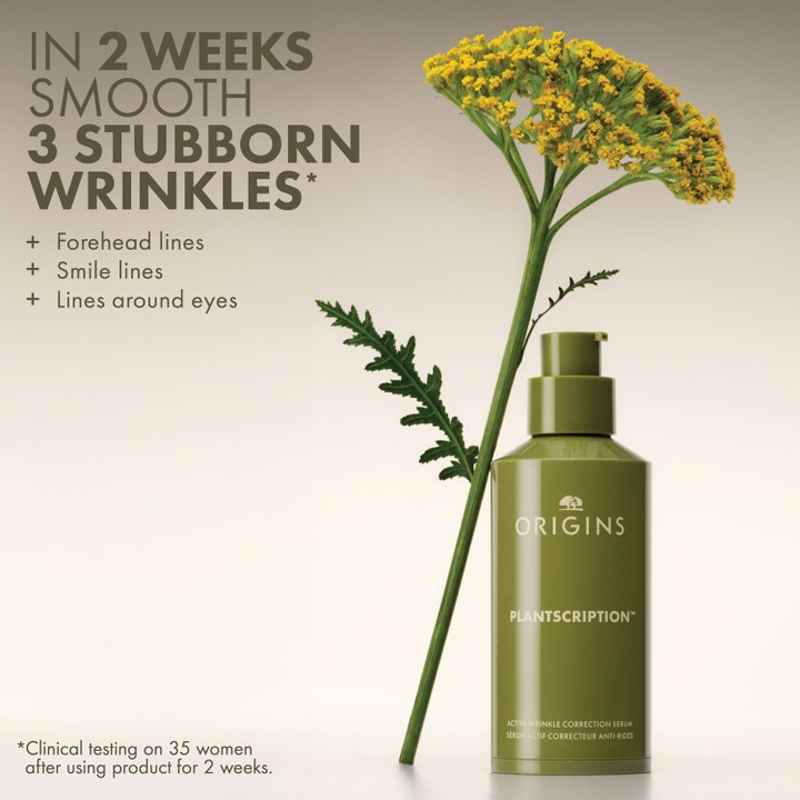 Origins Plantscription Multi-Powered Youth Serum 30 ml glatter ut gjenstridige rynker i grønn flaske med gul blomst