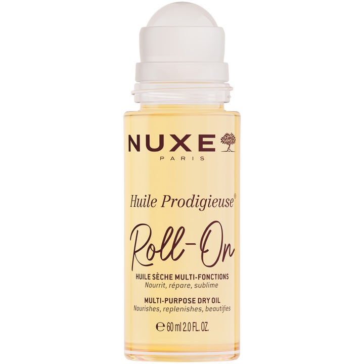 Nuxe Huile Prodigieuse Roll-On 60 ml nærende tørrolje i gjennomsiktig flaske med hvit roll-on kule for enkel påføring.