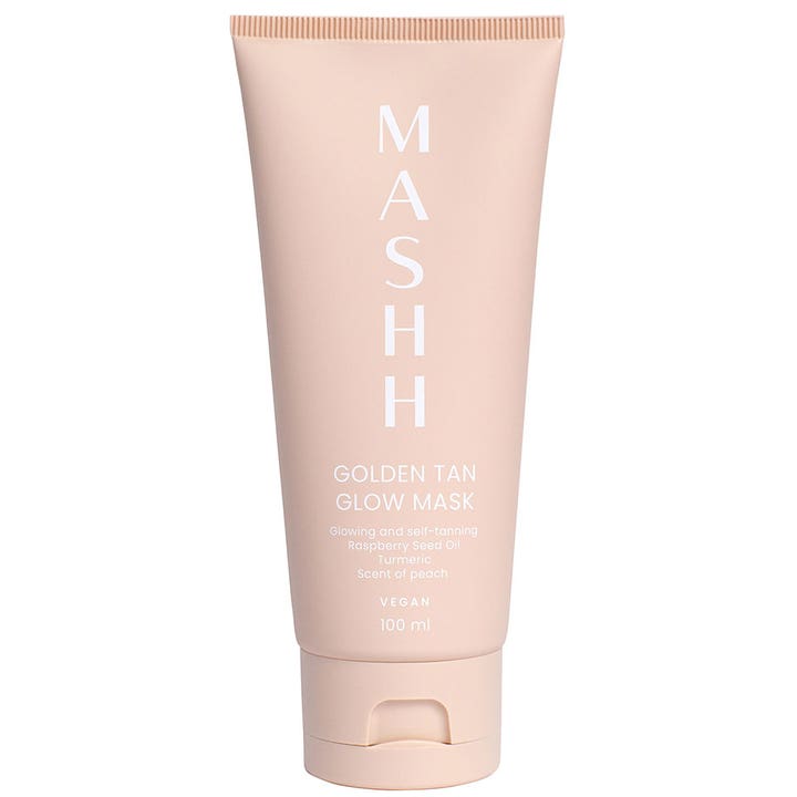 MASHH Golden Tan Glow Mask 100 ml selvbruningsmaske som gir glød i en ferskenfarget tube med hvit tekst