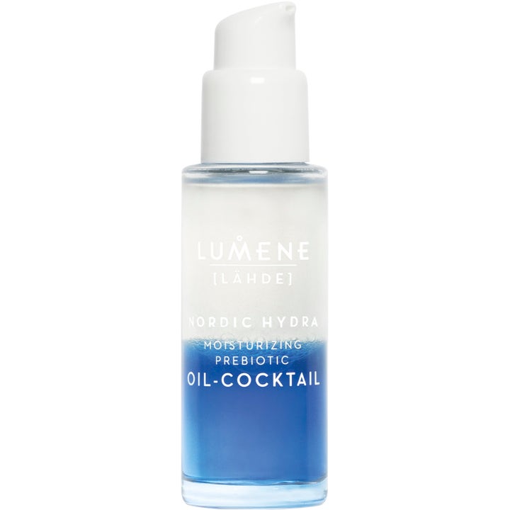 Lumene Nordic Hydra Oil-Cocktail fuktighetsgivende ansiktsolje i glassflaske med blå og klar to-faset væske og hvit pumpe.