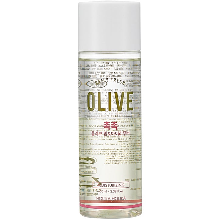 Holika Holika Daily Fresh Olive Lip & Eye Remover 100 ml fuktgivende sminkefjerner i klar flaske med hvitt lokk