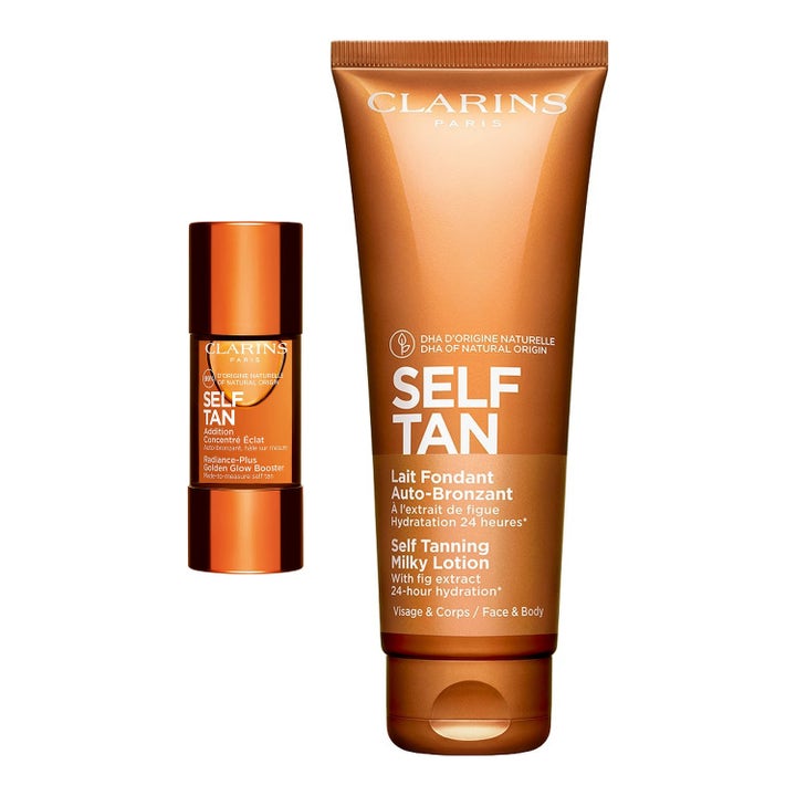 Clarins Self Tan Milky Lotion og Radiance-Plus Golden Glow Booster selvbruning i bronsefarget tube og liten flaske