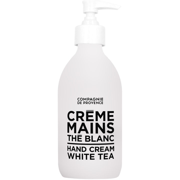 Compagnie de Provence Hand Cream White Tea 300ml pleiende håndkrem i hvit flaske med hvit pumpe og svart tekst