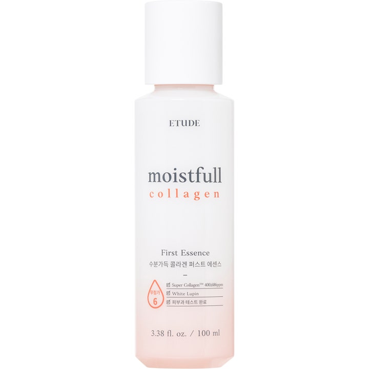 Etude Moistfull Collagen First Essence 100 ml fuktighetsgivende essens i hvit plastflaske med ferskenfarget bunn