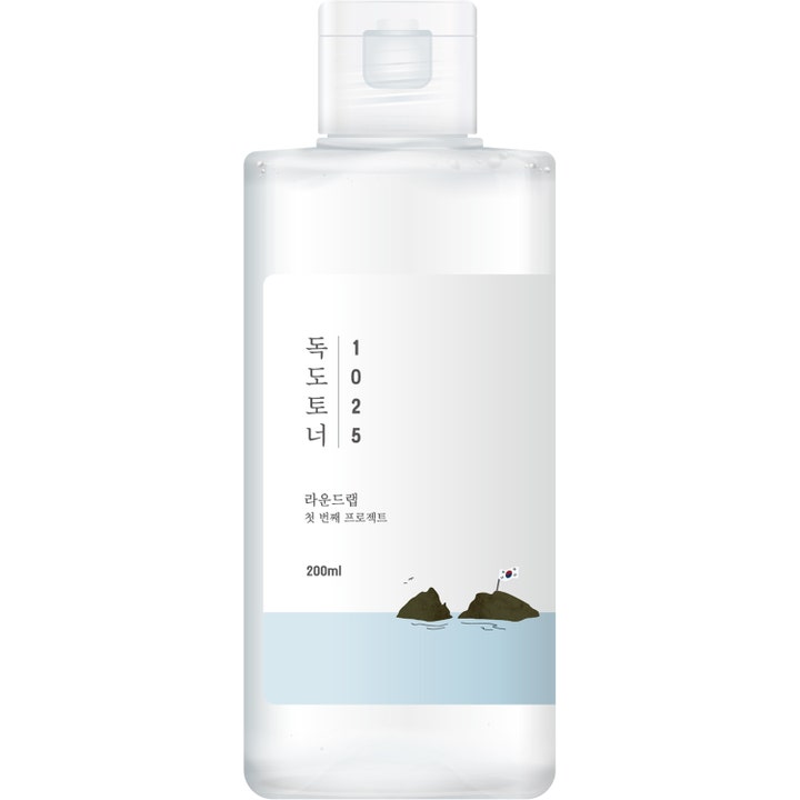 Round Lab 1025 Dokdo Toner 200ml eksfolierende ansiktstoner som gir fuktighet i klar flaske med minimalistisk øymotiv
