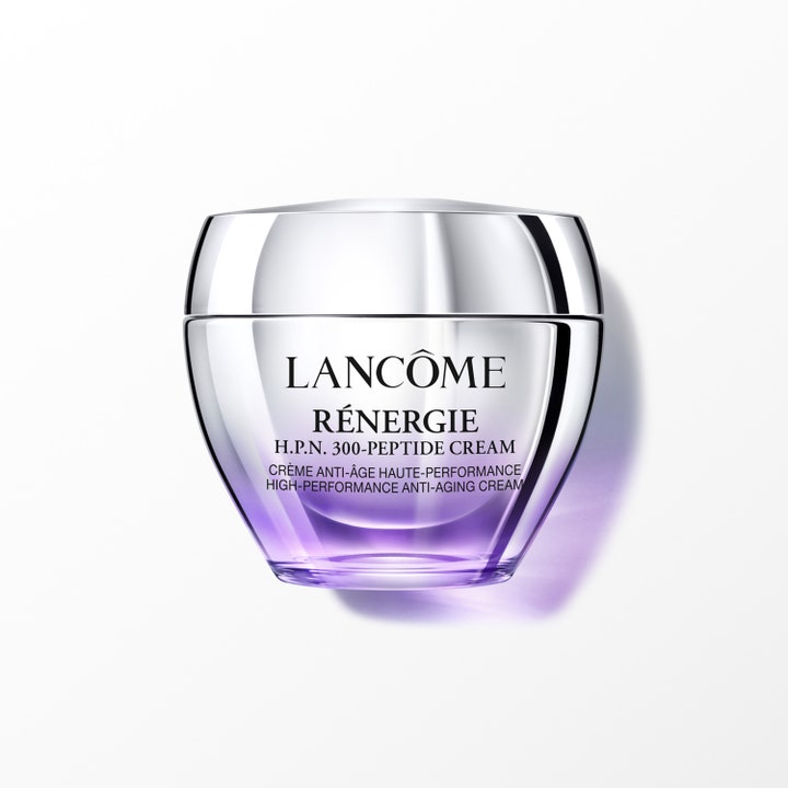 Lancôme Rénergie H.P.N. 300-Peptide Cream anti-age ansiktskrem i en elegant sølvfarget glasskrukke med lilla bunn.