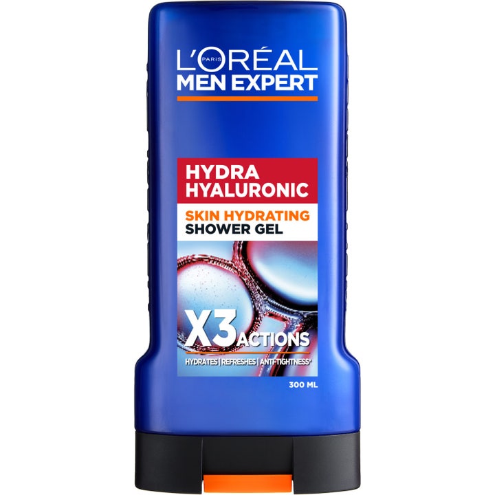 L'Oréal Men Expert Hydra Hyaluronic Skin Hydrating Shower Gel fuktgivende dusjgelé i blå plastflaske med rød etikett