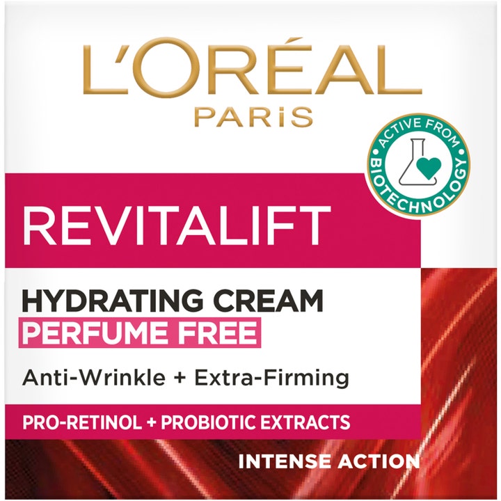 L'Oréal Paris Revitalift Hydrating Cream 50 ml parfymefri dagkrem i hvit og rød eske som gir fasthet.