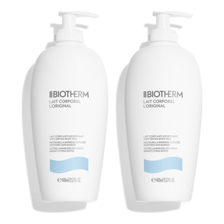 To Biotherm Lait Corporel L'Original 400 ml fuktighetsgivende kroppslotion i hvite pumpeflasker som pleier huden.