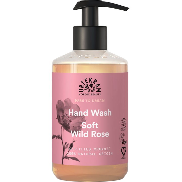 Urtekram Hand Wash Soft Wild Rose 300ml pleiende håndsåpe i klar pumpeflaske med rosa etikett og villrose