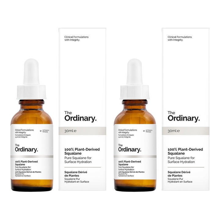 The Ordinary 100% Plant-Derived Squalane 30ml fuktighetsgivende serum i brune glassflasker med hvite pipetter og esker