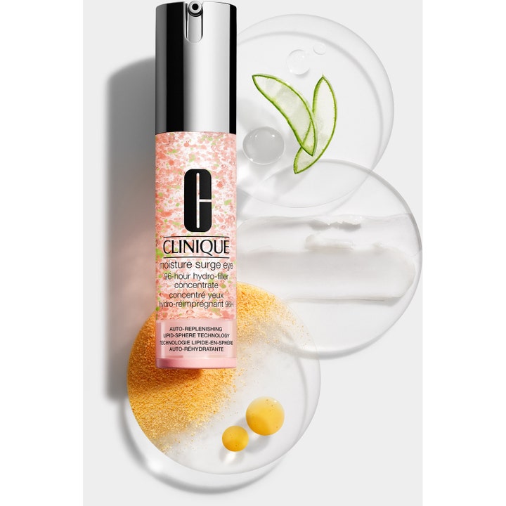 Clinique Moisture Surge Eye 96H Hydro-Filler 15 ml fuktighetsgivende øyekrem med aloe vera og hvit tekstur på glass.