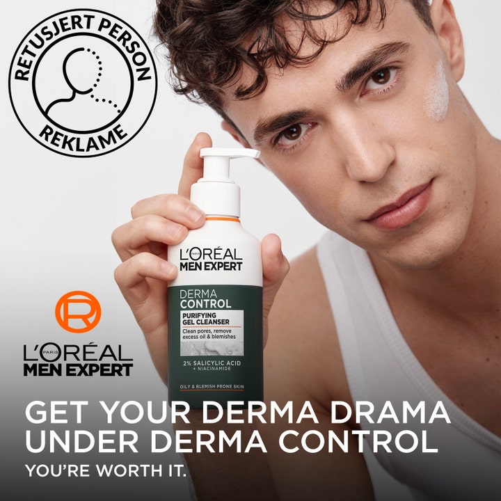 L'Oréal Paris Men Expert Derma Control 260 ml rensende ansiktsgel med salisylsyre vist på mann med skum på kinnet.