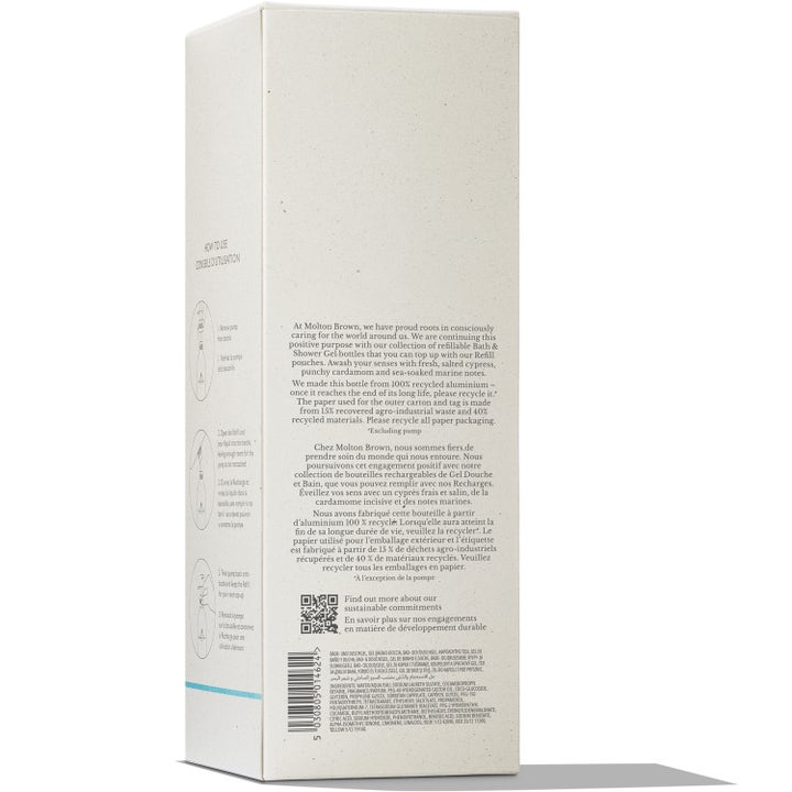 Molton Brown Infinite Bottle Coastal Cypress & Sea Fennel 400 ml dusjsåpe baksiden av hvit eske med ingrediensliste