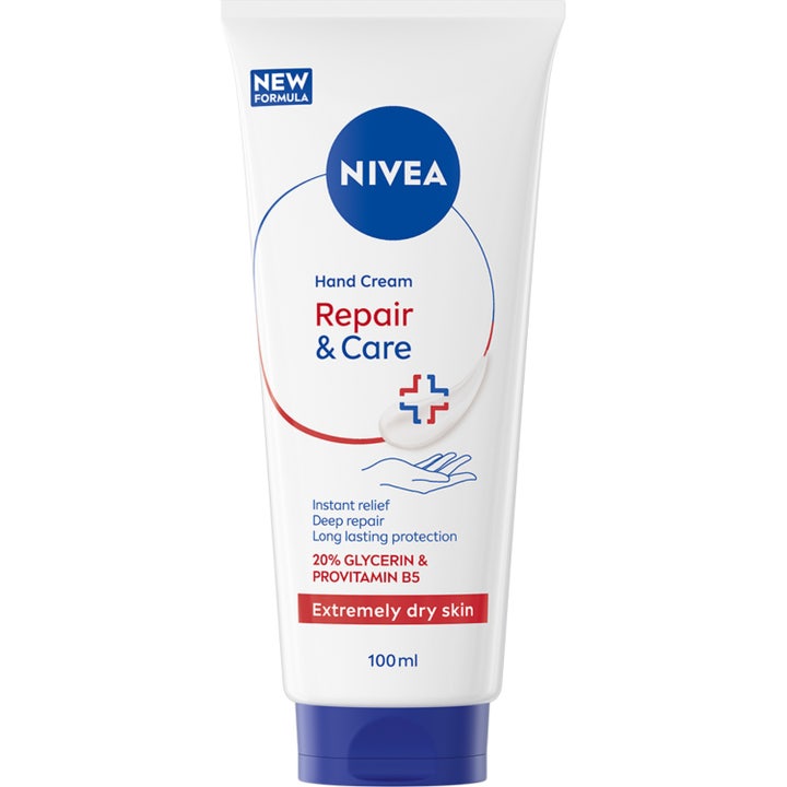 Nivea Repair & Care 100 ml reparerende håndkrem med glyserin i hvit tube med blå kork som pleier ekstremt tørr hud.
