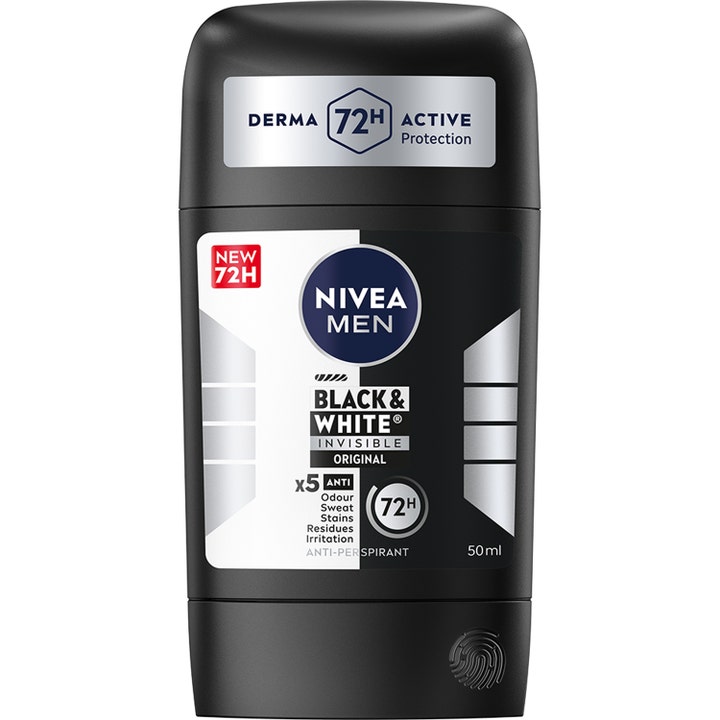 Nivea Men Black & White Invisible Original 50 ml deostick mot svette og flekker i svart plastbeholder.