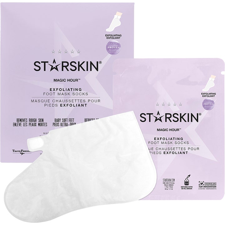 Starskin Magic Hour Exfoliating Foot Mask Socks 50 g eksfolierende fotmaske i lilla pakning med hvit plastsokk