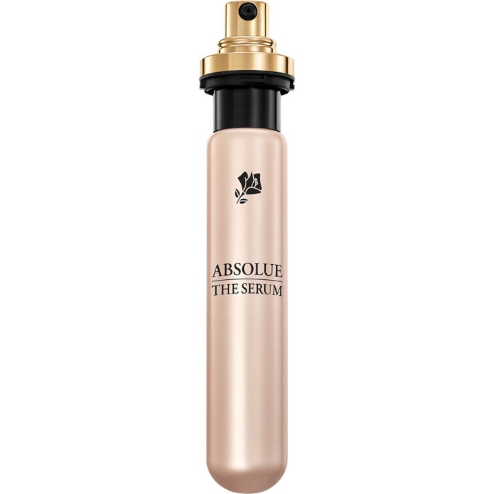 Lancôme Absolue The Serum ansiktsserum som gir glød i luksuriøs gullflaske med champagnefarget refillpatron.