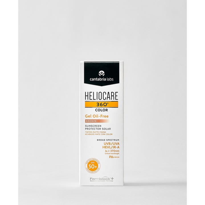 Heliocare 360 Color Gel Oil-Free 50 ml solkrem i hvit eske med oransje detaljer gir matt finish og SPF 50
