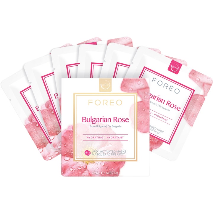 FOREO UFO Mask Bulgarian Rose 6-pakning fuktighetsgivende ansiktsmasker i hvite poser med roseblad