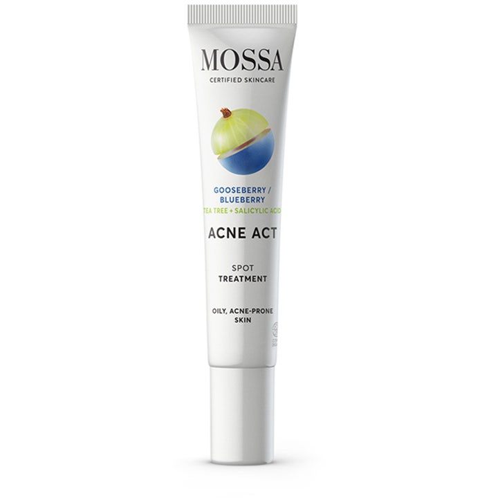 Mossa Acne Act Spot Treatment 15 ml pleiende punktbehandling i hvit tube med bærillustrasjon som motvirker urenheter