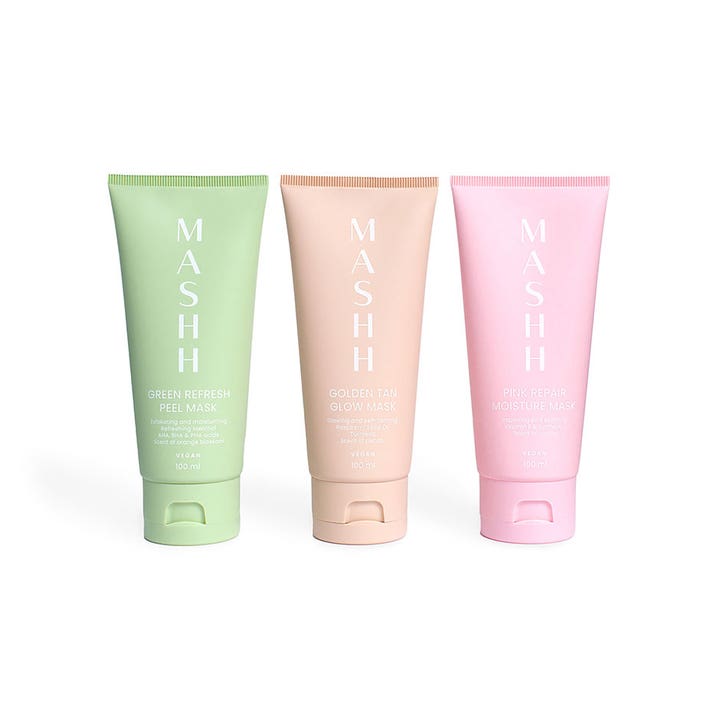 MASHH Golden Tan & Glow Mask 100 ml ansiktsmaske i beige tube sammen med grønn og rosa maske