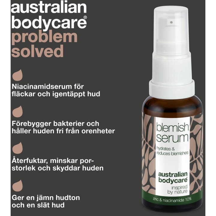 Australian Bodycare Blemish Serum 30 ml mot urenheter i brun glassflaske med hvit pumpe og 10% niacinamid