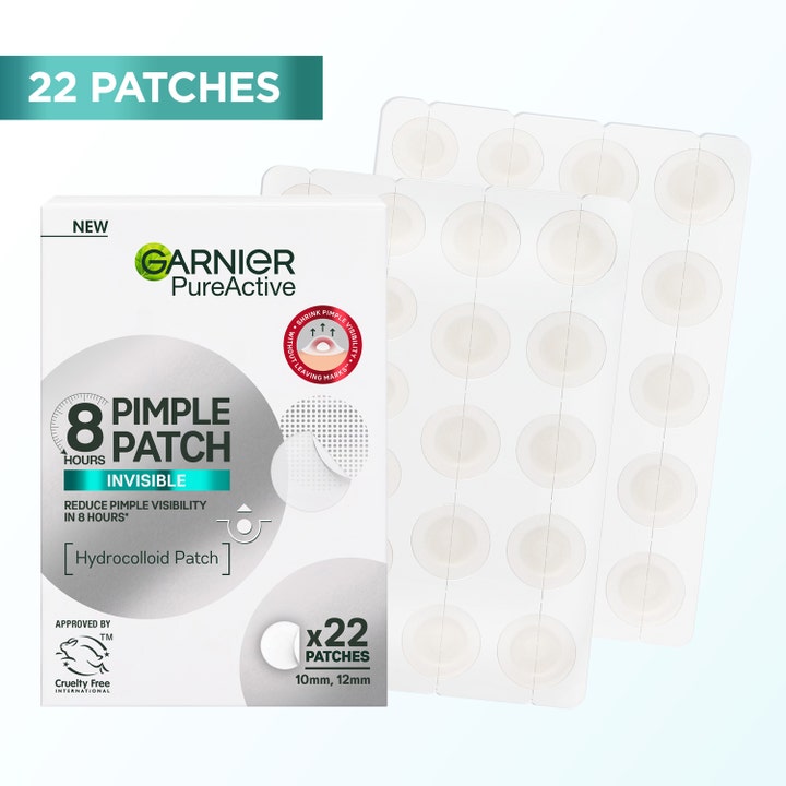 Garnier PureActive Invisible Pimple Patch 22 stk reduserer urenheter med runde gjennomsiktige plaster i hvit eske