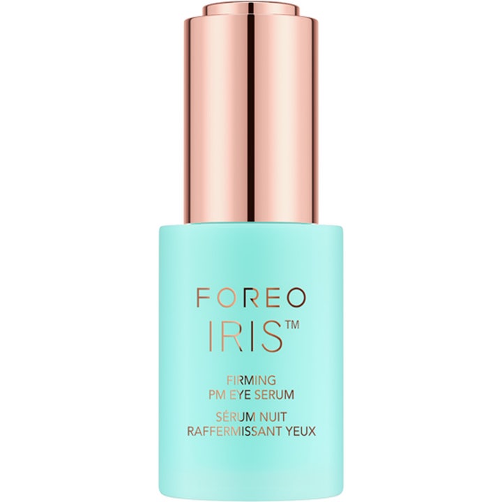 Foreo Iris Firming PM Eye Serum 15 ml oppstrammende øyeserum i turkis flaske med rosegullfarget kork.
