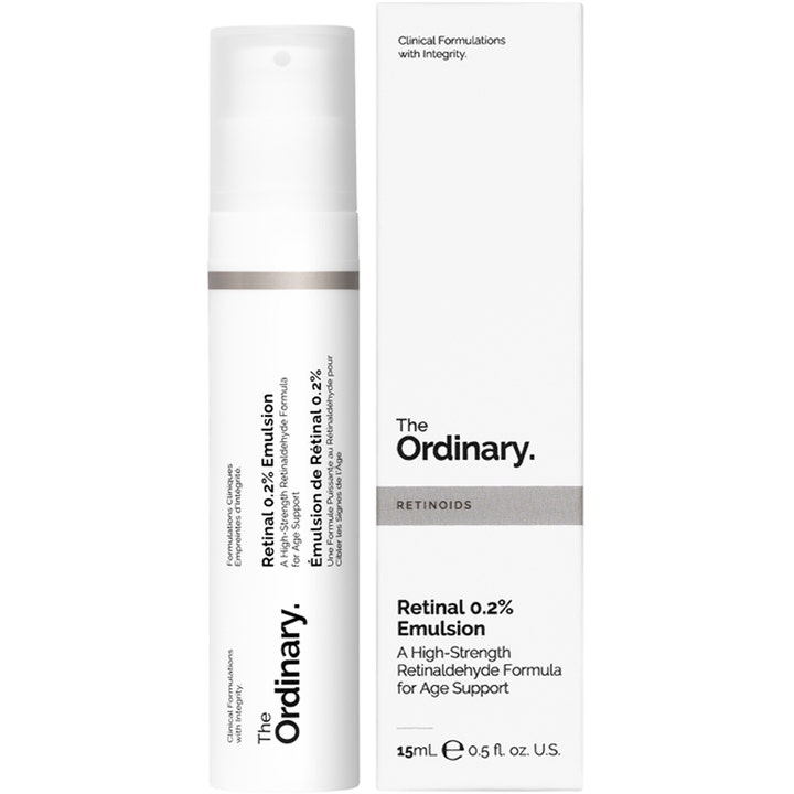 The Ordinary Retinal 0.2% Emulsion 15 ml serum for aldringstegn i hvit pumpeflaske og eske med grått bånd