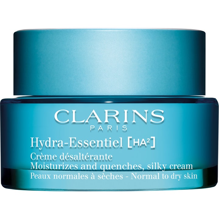 Clarins Hydra-Essentiel [HA²] 50 ml fuktighetskrem som gir glød i en blå glasskrukke med matchende lokk