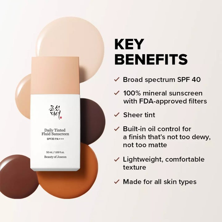 Beauty of Joseon Daily Tinted Fluid Sunscreen 50 ml solkrem i hvit flaske med fargede dråper og tekst om fordeler.