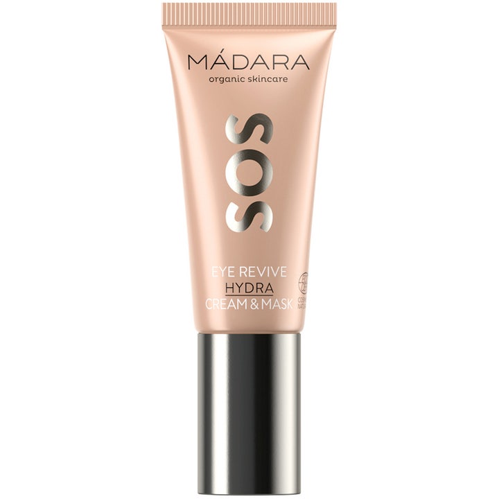 Mádara SOS Eye Revive Hydra Cream & Mask 20 ml fuktighetsgivende øyekrem i ferskenfarget tube med sølvfarget kork
