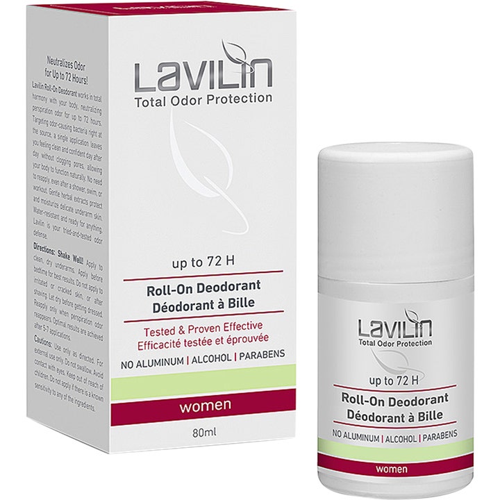 Lavilin Roll-On Deodorant 80ml mot svettelukt i hvit beholder og eske med burgunder og grønne detaljer
